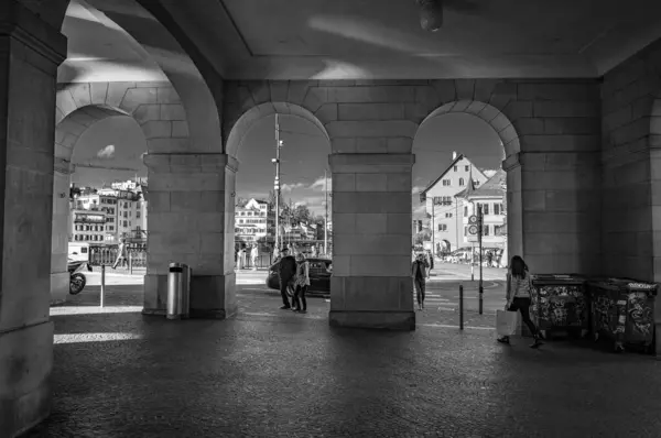 Grayscale Stone Wall Arches Lausanne Switzerland Buildings People Background — Stock Photo, Image