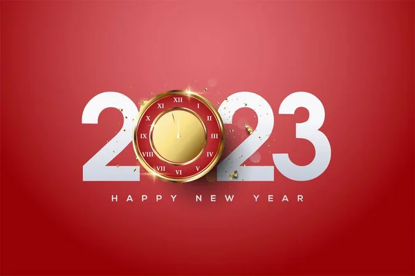 Kırmızı Zemin Üzerinde Altın Saat Resmi Olan Beyaz Bir 2023 — Stok fotoğraf