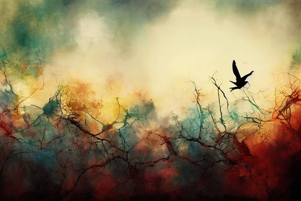 Een Silhouet Vogel Vliegend Overheen Kleurrijke Twijgen Met Dromerige Dramatische — Stockfoto