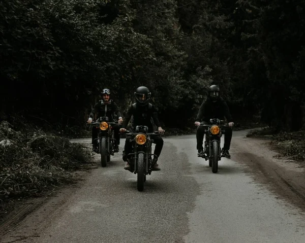Grupa Niesamowitych Motocyklistów Jeżdżących Motocyklach Przez Ciemny Las — Zdjęcie stockowe