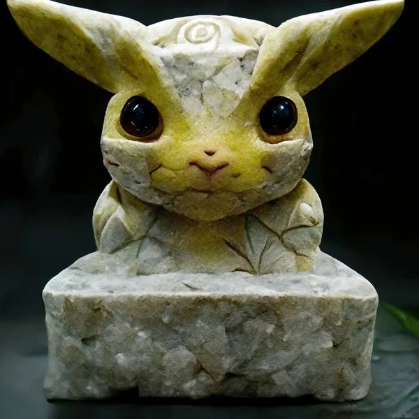 A Pikachu Sculpture Marble with yellow features, closeup shot