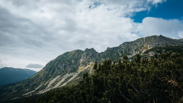 Воздушный Вид Скалистых Гор Зеленой Растительностью Голубым Облачным Небом — стоковое фото