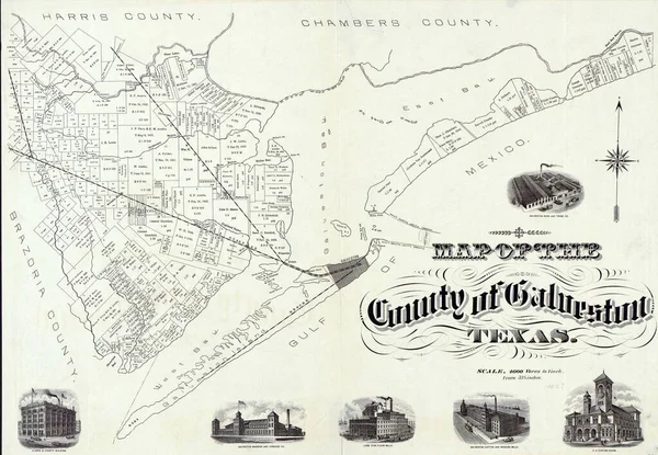 得克萨斯州加尔维斯顿县的一张老式地图 — 图库照片
