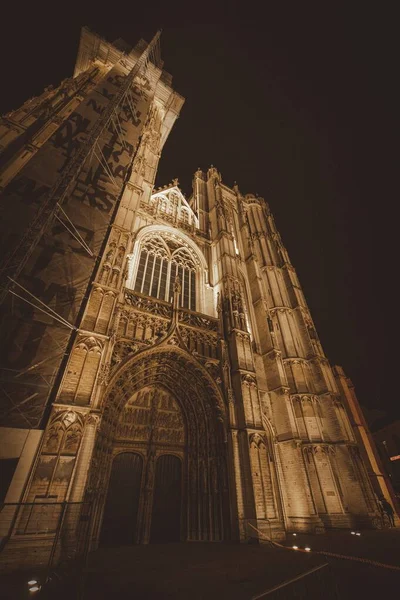 Вертикальний Низькокутний Знімок Антверпенського Собору Вночі Бельгія — стокове фото