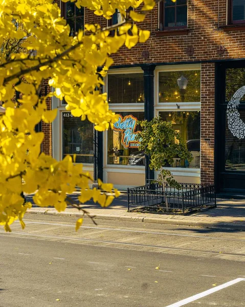 Die Fassade Eines Flussmarkt Cafés Mit Herbstbäumen — Stockfoto
