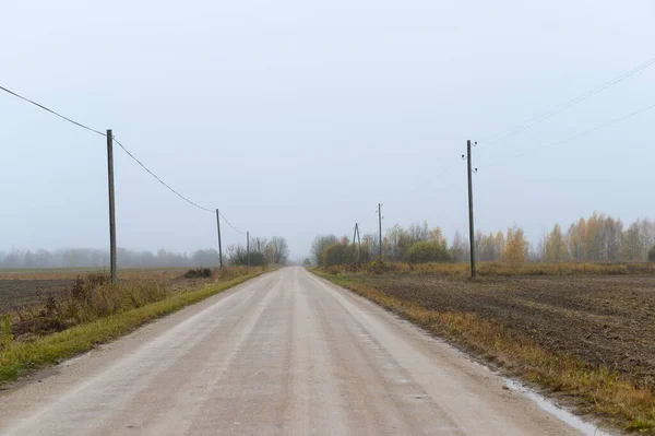 霧の日には田に囲まれた空の道 — ストック写真