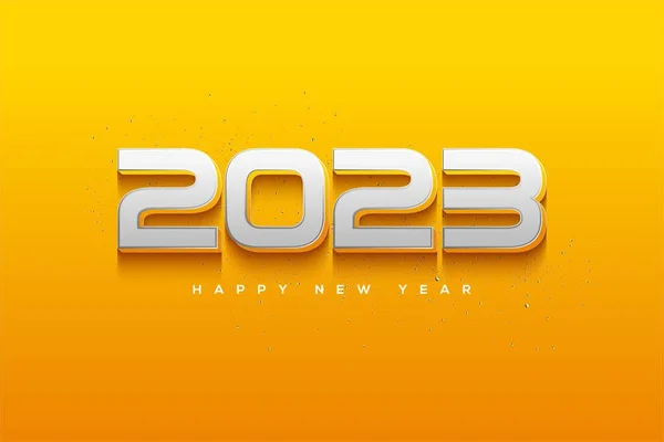 Ilustracja Szczęśliwego Nowego Roku 2023 Srebrnymi Numerami Żółtym Tle — Zdjęcie stockowe