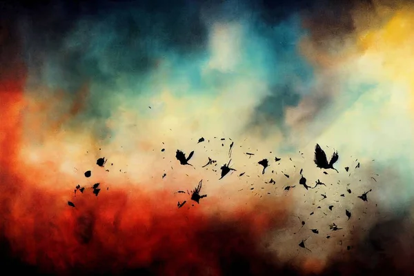 カラフルな夢のような空を飛ぶ鳥のパノラマショット — ストック写真