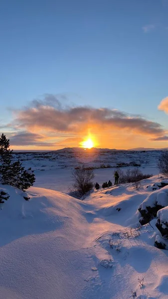 雪景色の上の夕日の垂直方向の景色 — ストック写真
