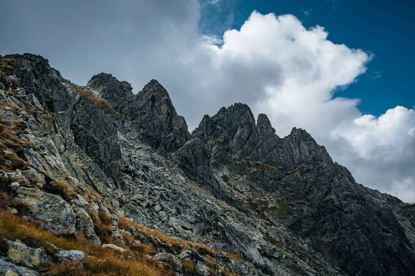 Krásná Krajina Velkých Hor Skalnatými Štíty Pod Zataženou Oblohou — Stock fotografie