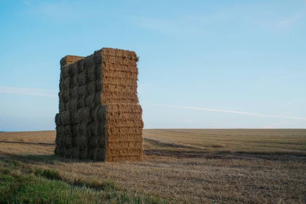 Shot Stacked Hay Bales Empty Field — Stock Photo, Image