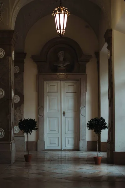Pionowe Białe Drzwi Starożytnego Pałacu Pięknym Zamiarem — Zdjęcie stockowe