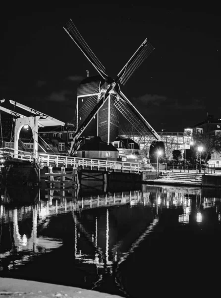 Вертикальный Снимок Ветряной Мельницы Возле Озера Лейдене Нидерланды — стоковое фото