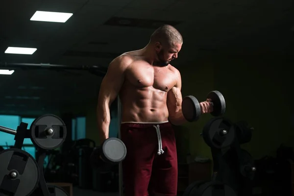 体育館でダンベルの訓練で体重を行使白人良い外見魅力的な男性 — ストック写真