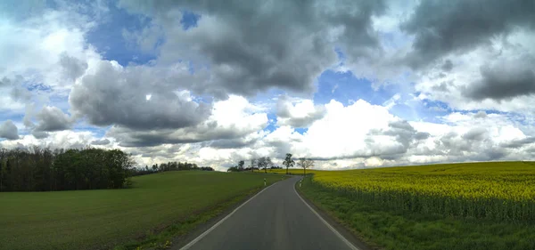 青空と雲が広がる緑の野原を抜ける田舎道 — ストック写真