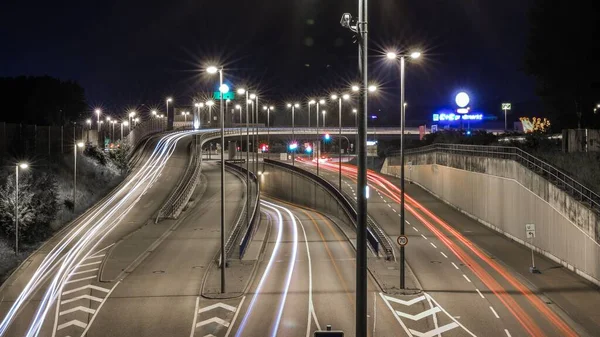 Wide Shot Highways Different Exits Night Illuminated Lights — Stock Photo, Image
