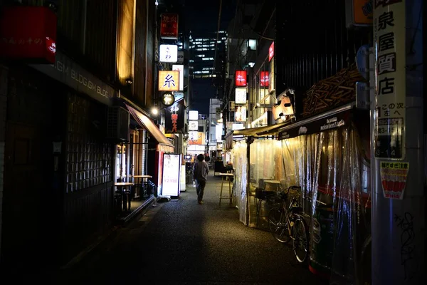 东京一条狭窄的街道 夜间灯火通明 — 图库照片