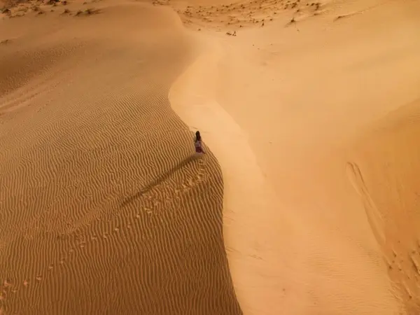 Vue Aérienne Une Personne Marchant Dans Désert — Photo