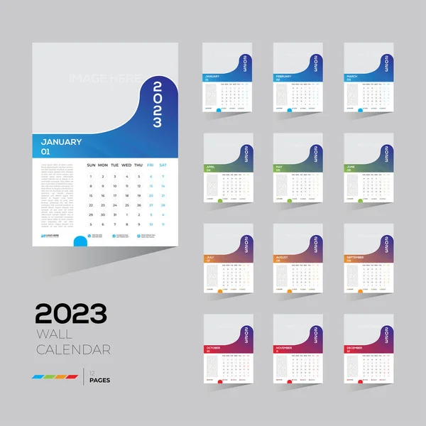 Edytowalny Szablon Kalendarza Ściennego 2023 Obejmujący Wszystkie Miesięcy Pustym Obrazem — Wektor stockowy