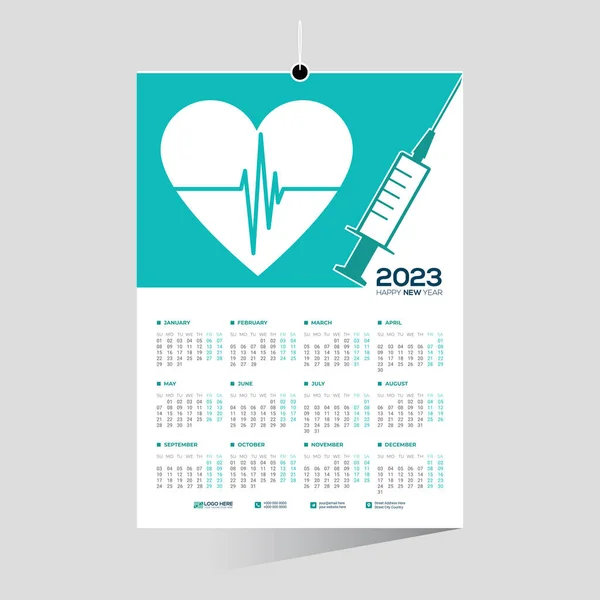 Editable Template 2023 Wall Calendar All Months White Heart Syringe — Stock Vector
