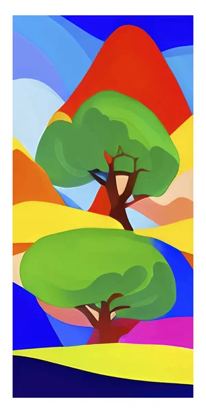 Illustrazione Vettoriale Verticale Una Foresta Con Alberi Colorati Montagne — Vettoriale Stock