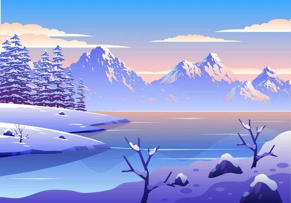 Дизайн Векторного Дизайну Сніжної Зимової Ландшафтної Ілюстрації Озером Сосновими Деревами — стоковий вектор