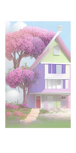 カラフルな壁とピンクの花の美しい家の垂直方向のベクトルイラスト — ストックベクタ