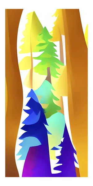 Μια Κάθετη Διανυσματική Απεικόνιση Ενός Δάσους Πολύχρωμα Δέντρα Λευκό Φόντο — Διανυσματικό Αρχείο