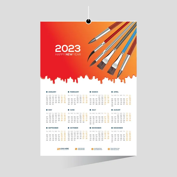 Edytowalny Szablon Kalendarza Ściennego 2023 Wszystkich Miesięcy Wizerunkiem Pędzli Rysowania — Wektor stockowy