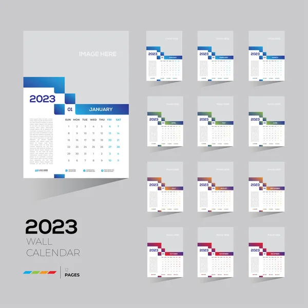 空白の画像スペースを持つすべての12ヶ月間の2023ウォールカレンダーの編集可能なテンプレート — ストックベクタ