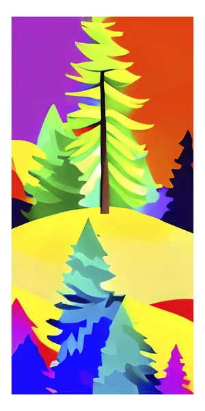Вертикальна Векторна Ілюстрація Лісу Різнокольоровими Деревами Пагорбі Яскравому Фоні Неба — стоковий вектор