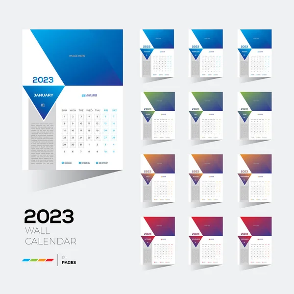 空白の画像スペースを持つすべての12ヶ月間の2023ウォールカレンダーの編集可能なテンプレート — ストックベクタ