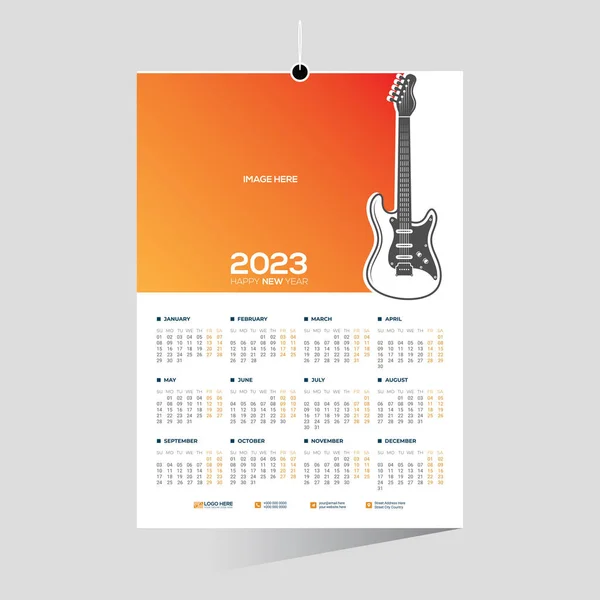 Edytowalny Szablon Kalendarza Ściennego 2023 Wszystkich Miesięcy Obrazem Gitary — Wektor stockowy