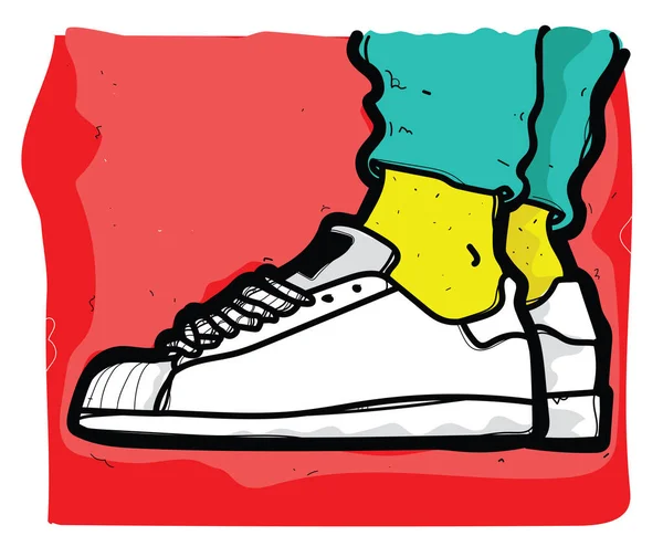 Eine Flippige Illustration Weißer Turnschuhe Grüner Hosen Und Gelber Socken — Stockvektor