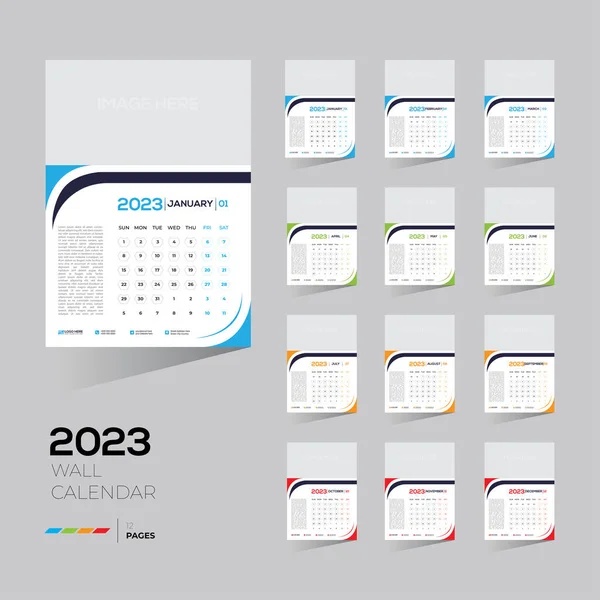 stock vector An editable template of a 2023 wall calendar of all 12 months with a blank image space.