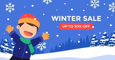 Mutlu çocuk kış satışının keyfini çıkarıyor.