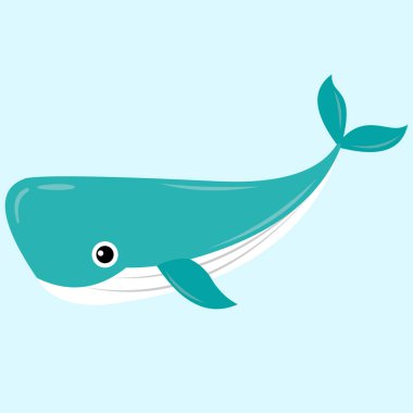 Mavi suda yüzen sevimli çizgi film balinası.