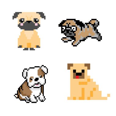 Çeşitli pozlarda dört şirin pikselli köpek