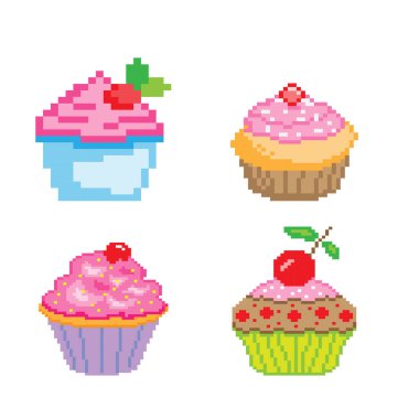 Renkli pikselli kapkekler.