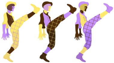 Three individuals performing leg kicks in vibrant colorful outfits with patterned tights