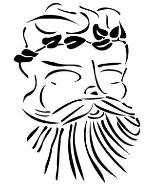 Sakallı bir adamın yüzü defne tacı ile siyah beyaz çizilmiş.