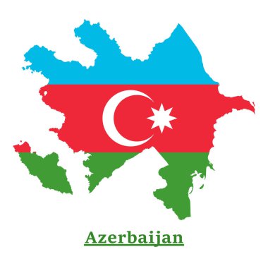 Azerbaycan haritası kırmızı, yeşil ve maviye boyanmış, beyaz yıldız ve hilal şeklinde..