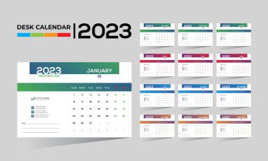 2023 masaüstü vektörü. Herhangi bir kullanım için 12 aylık takvim tasarımı.