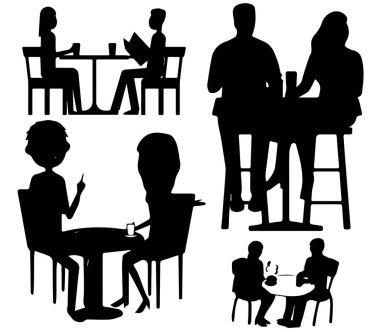 Yemek yiyen ve sohbet eden insanların siluetleri.