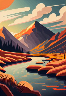 Sakin nehirde yansıyan renkli dağlar