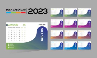 2023 masaüstü vektörü. Herhangi bir kullanım için 12 aylık takvim tasarımı.