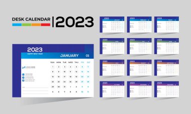 2023 masaüstü vektörü. Herhangi bir kullanım için 12 aylık takvim tasarımı.