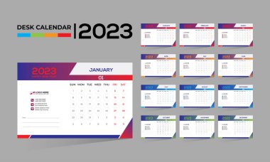 2023 masaüstü vektörü. Herhangi bir kullanım için 12 aylık takvim tasarımı.