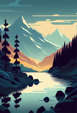 Dağlar sakin nehir manzarasını yansıtıyor