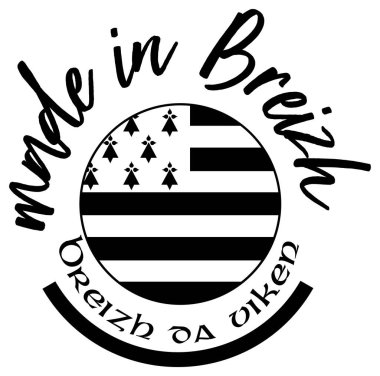 Black and white graphic design featuring circular emblem with text and flag
